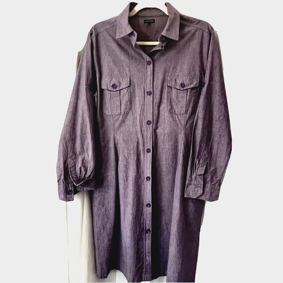 J Peterman Womans Shirt Dress Size 12 Purple 100% Cotton 4 Pockets Long Sleeve - Picture 2 of 14